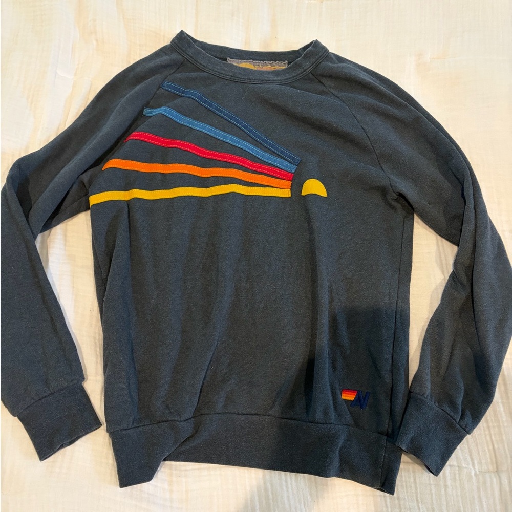Aviator Nation Dark Gray Crewneck with Multicolor Stripes